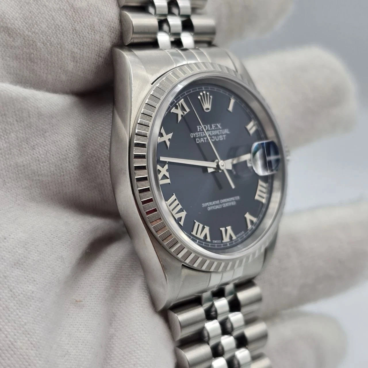 2002 PAPERS Rolex Datejust 36mm 16220 Blue Roman Dial Jubilee Watch