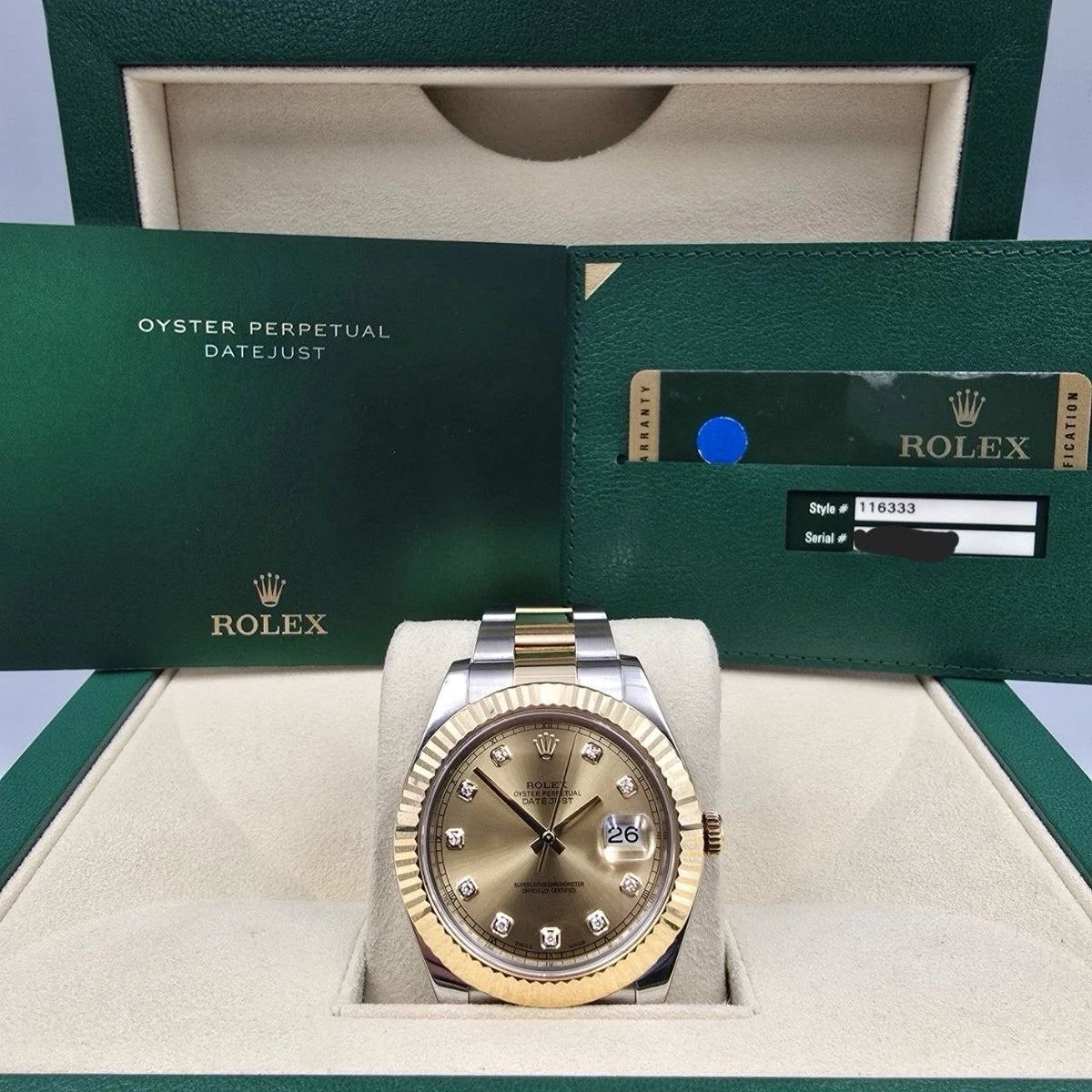 2014 PAPERS Rolex Datejust II Champagne Diamond Dial Oyster 41mm 116333 BOX