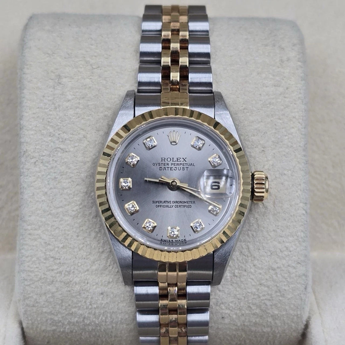 Rolex Lady Datejust 26mm Yellow Gold Steel Factory Rhodium Diamond Dial 69173