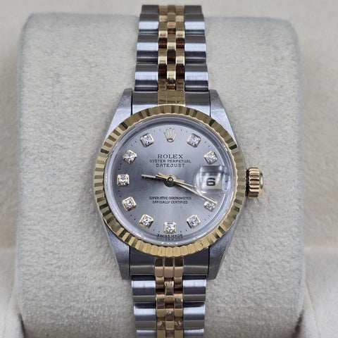 Rolex Lady Datejust 26mm Yellow Gold Steel Factory Rhodium Diamond Dial 69173