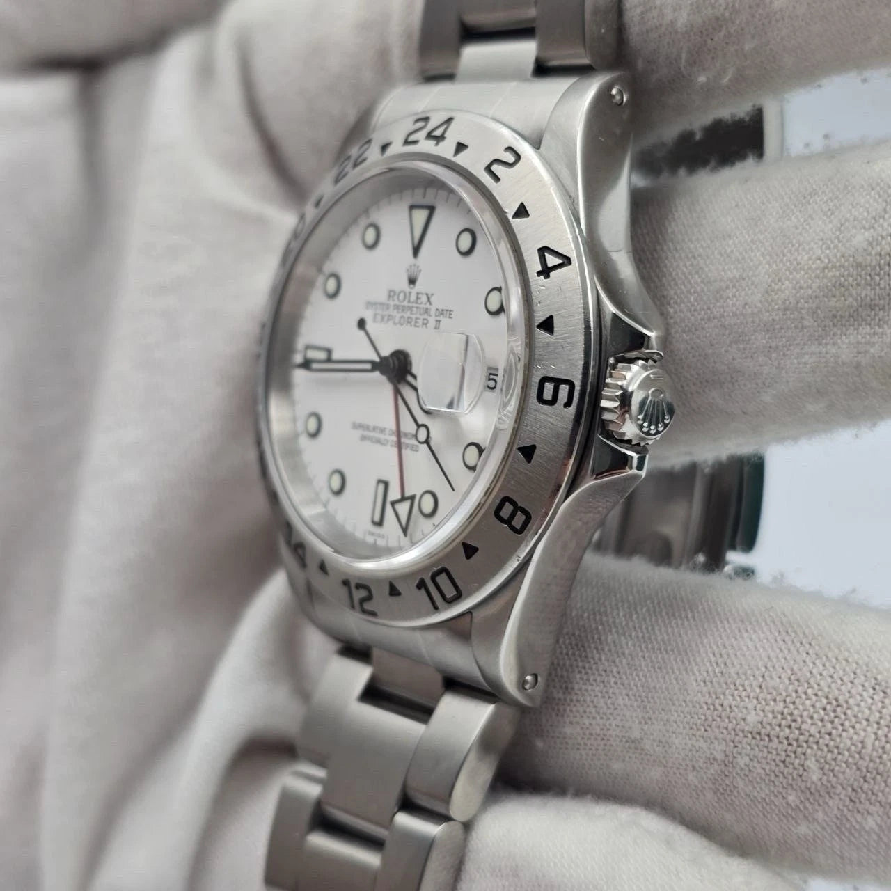 1999 PAPERS Rolex 16570 Explorer II Polar White Dial Stainless Steel 40mm Watch