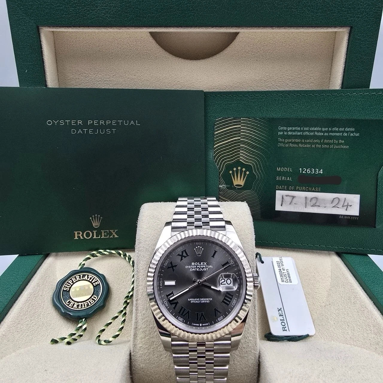 2024 PAPERS Rolex Datejust 41mm 126334 Steel Jubilee Gray Wimbledon Dial BOX