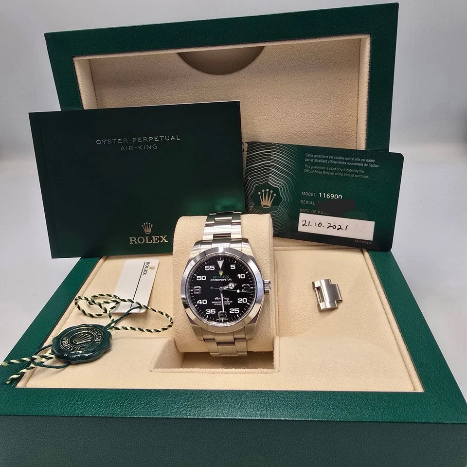 PAPERS 2021 Rolex Air King Black Dial Steel Bracelet 40mm Watch 116900 BOX
