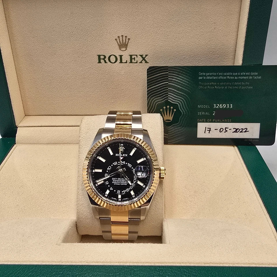 2022 MINT PAPERS Rolex Sky-Dweller Two-Tone Gold Steel Black 42mm 326933 BOX