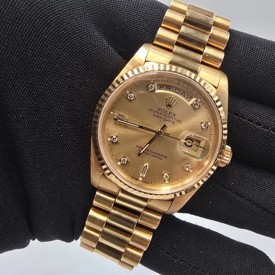 Rolex 18K Gold Day-Date President Gold Champagne Diamond Dial 36mm Watch 18238