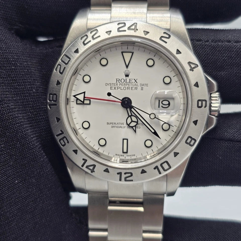 2007 Rolex Explorer II White 40mm Steel NO HOLES Oyster Date Watch 16570
