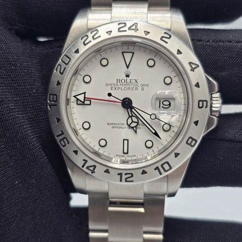 2007 Rolex Explorer II White 40mm Steel NO HOLES Oyster Date Watch 16570