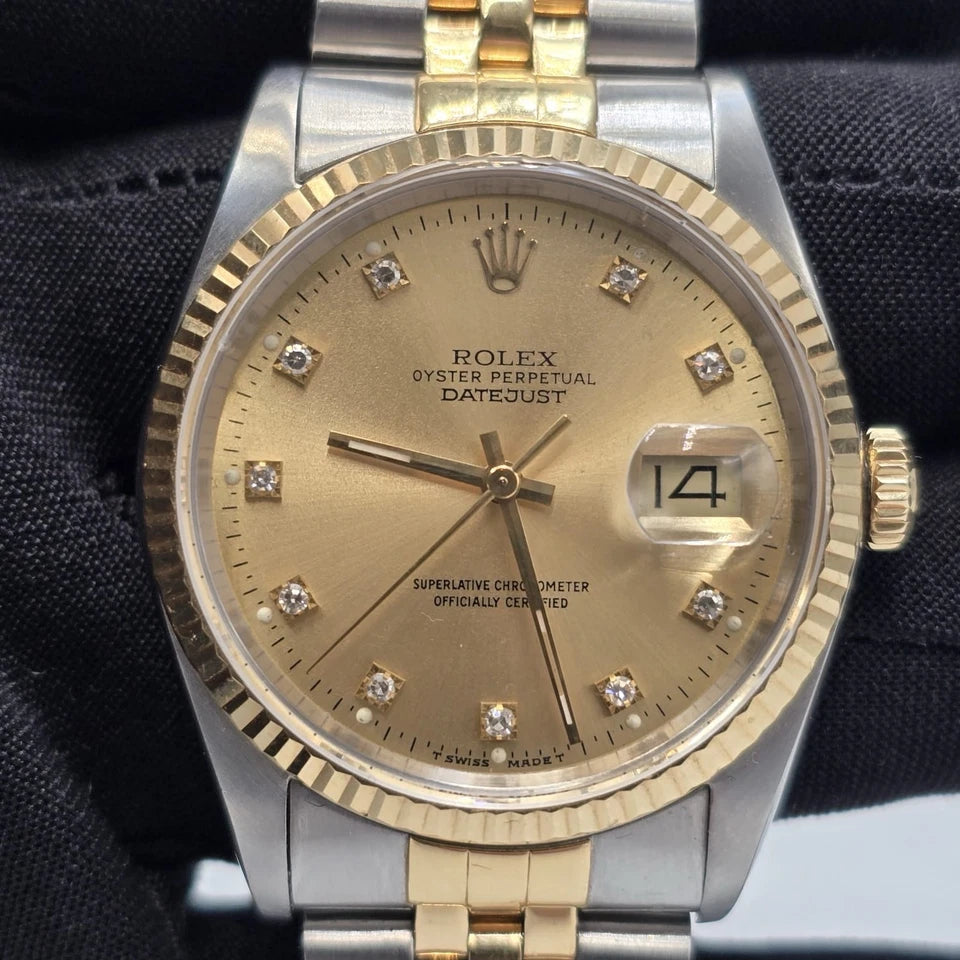 Rolex Datejust 36mm Champagne Diamond Dial 18K Yellow Gold Two Tone Watch 16233