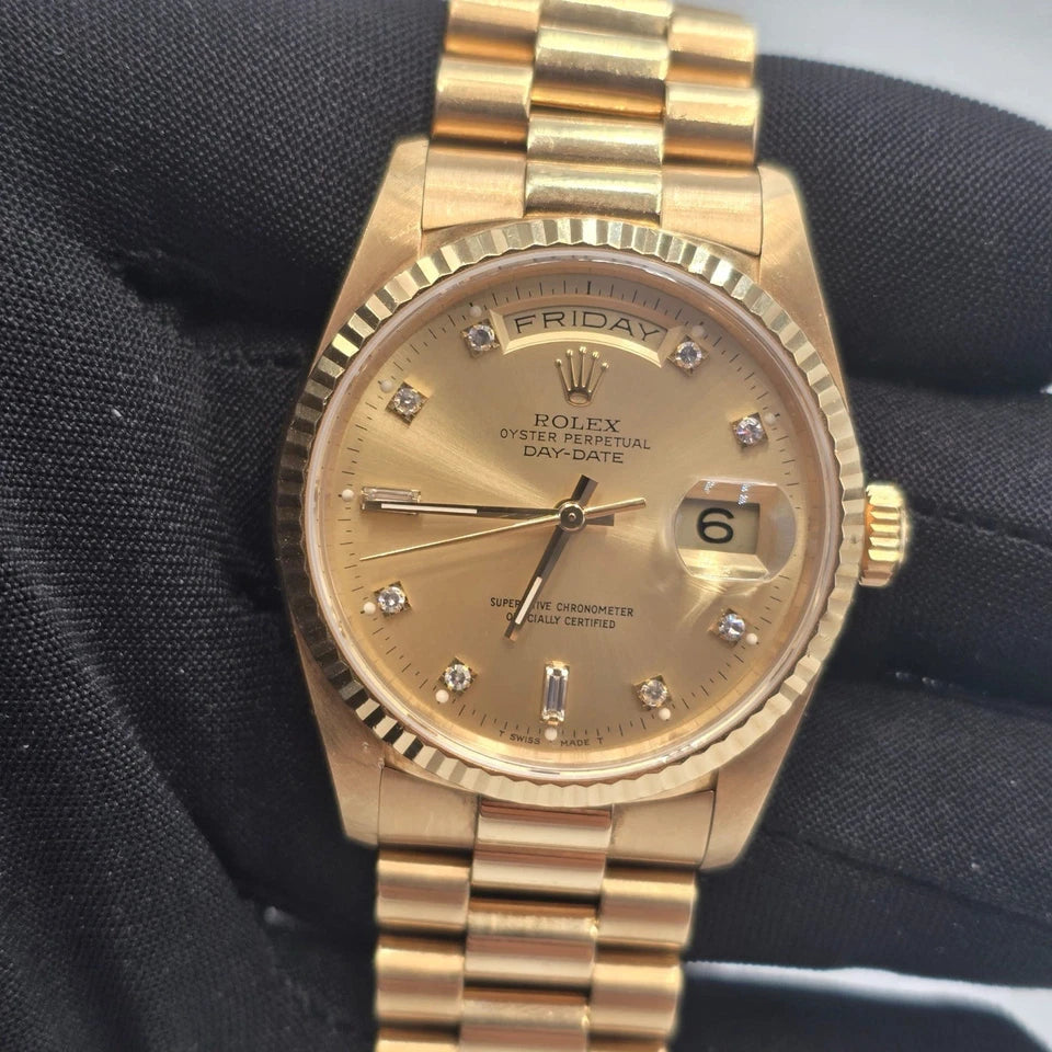 Rolex 18K Gold Day-Date President Gold Champagne Diamond Dial 36mm Watch 18238