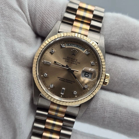 Rolex 18K Day-Date President TRIDOR Champagne Diamond Dial 36mm Watch 18239BIC