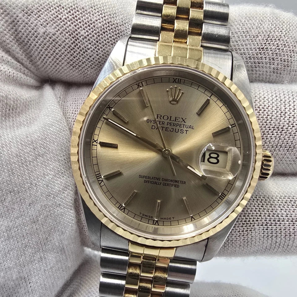 PAPERS Rolex DateJust 36mm NO-HOLES Champagne Two-Tone 18K Watch 16233 BOX