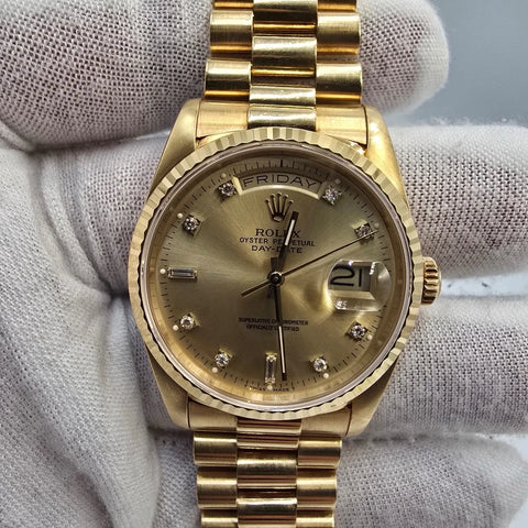 Rolex 18K Gold Day-Date President Gold Champagne Diamond Dial 36mm Watch 18238