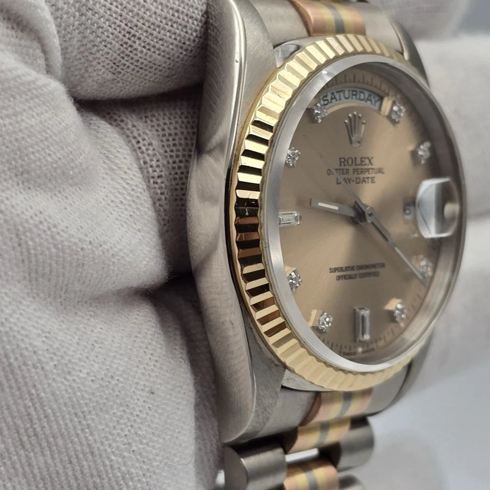 Rolex 18K Day-Date President TRIDOR Champagne Diamond Dial 36mm Watch 18239BIC