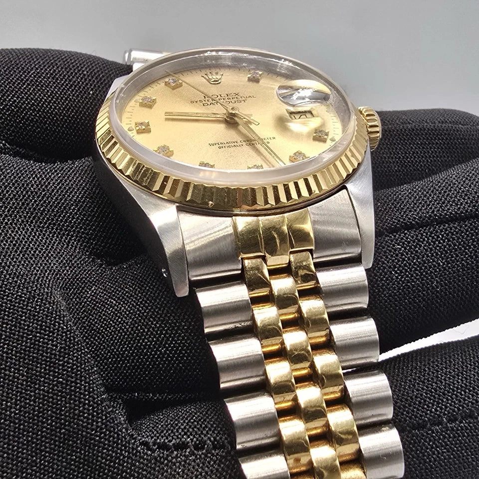 Rolex Datejust 36mm Champagne Diamond Dial 18K Yellow Gold Two Tone Watch 16233