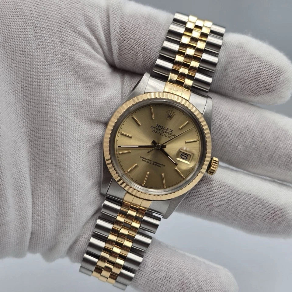 PAPERS Rolex Datejust Champagne Two-Tone Yellow Gold Jubilee 16013 36mm Watch