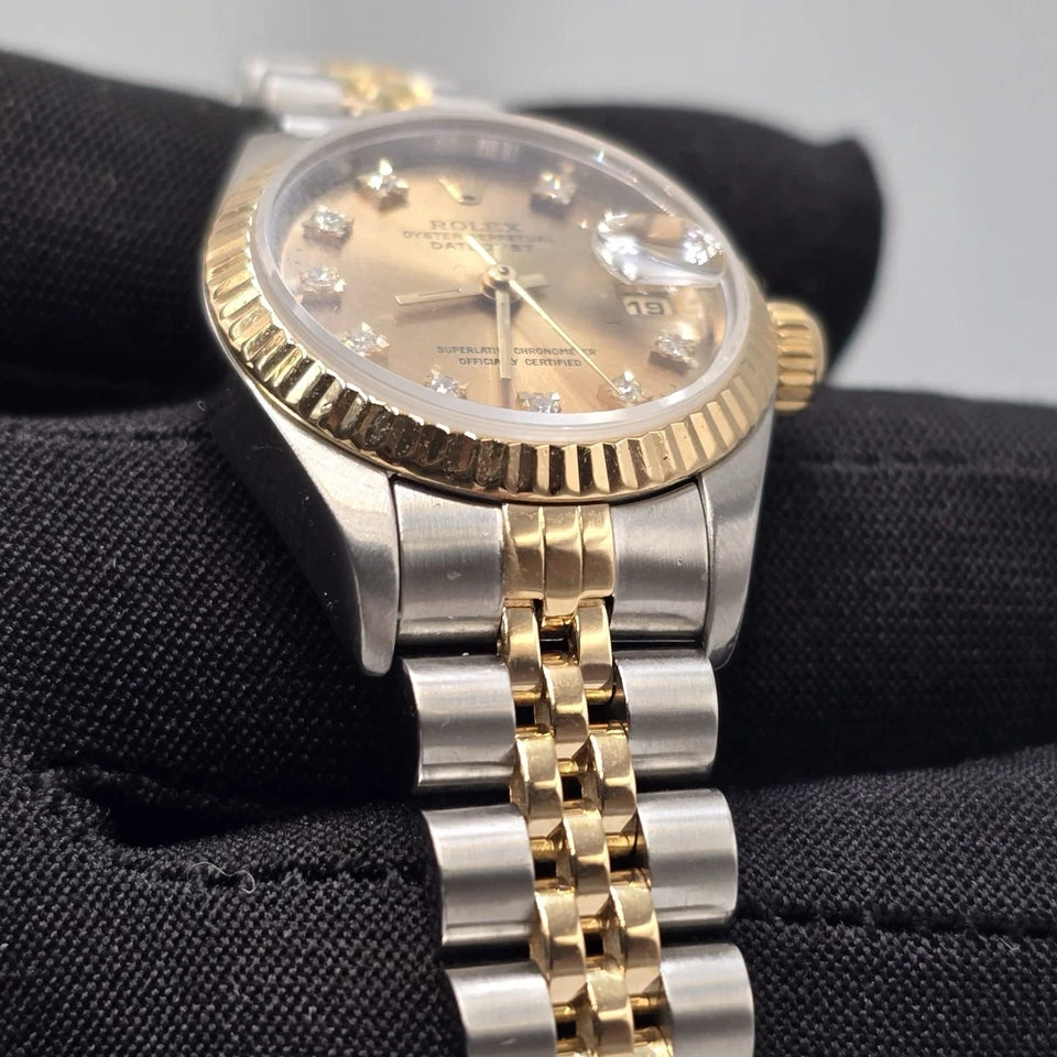 Rolex Datejust 26mm Champagne Diamond Dial Two Tone NO HOLES Jubilee Watch 69173