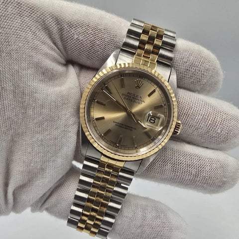 PAPERS Rolex DateJust 36mm NO-HOLES Champagne Two-Tone 18K Watch 16233 BOX