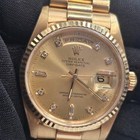 Rolex 18K Gold Day-Date President Gold Champagne Diamond Dial 36mm Watch 18238