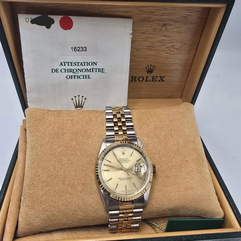 PAPERS Rolex DateJust 36mm NO-HOLES Champagne Two-Tone 18K Watch 16233 BOX