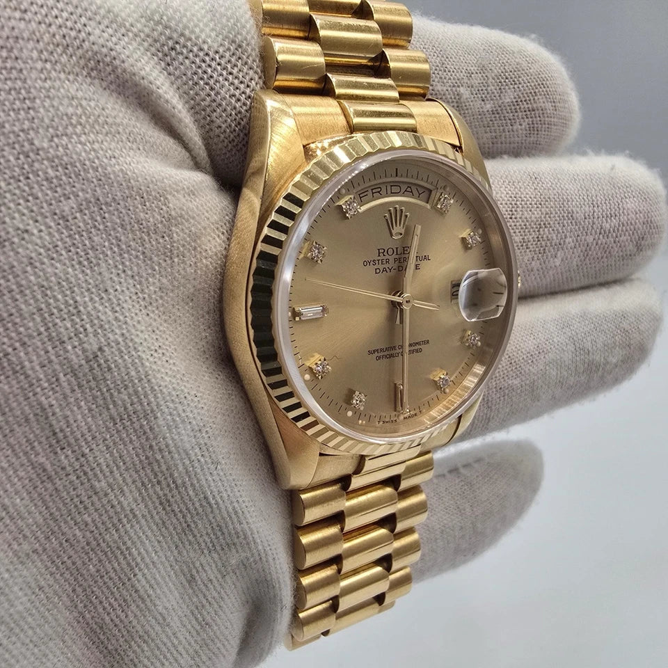 Rolex 18K Gold Day-Date President Gold Champagne Diamond Dial 36mm Watch 18238