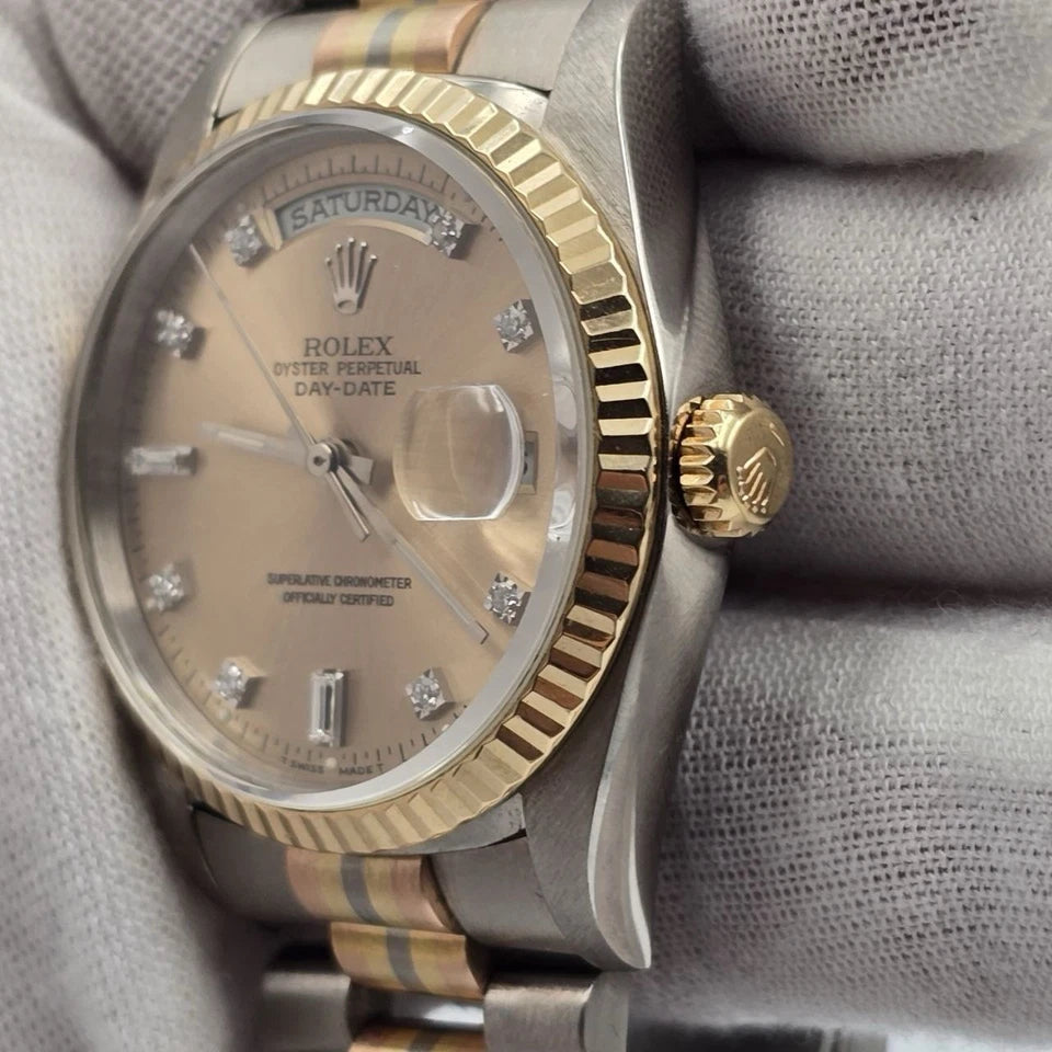 Rolex 18K Day-Date President TRIDOR Champagne Diamond Dial 36mm Watch 18239BIC