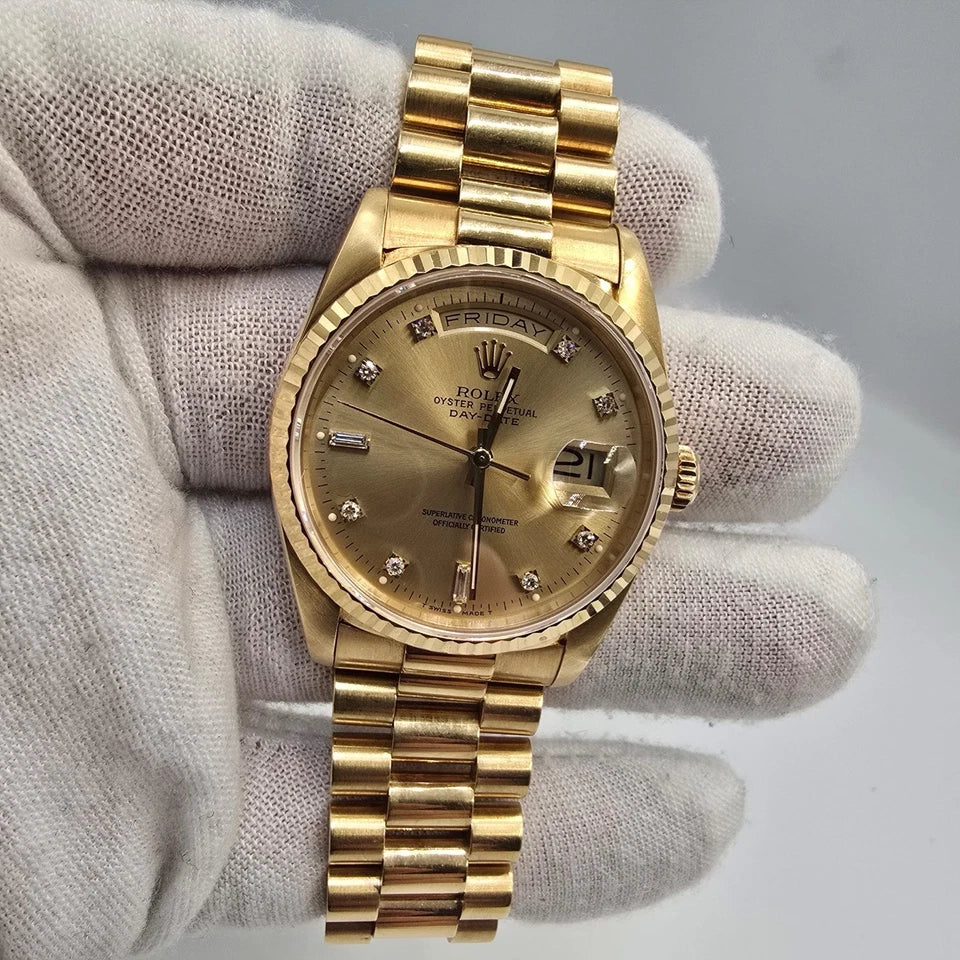 Rolex 18K Gold Day-Date President Gold Champagne Diamond Dial 36mm Watch 18238