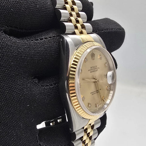 Rolex Datejust 36mm Champagne Diamond Dial 18K Yellow Gold Two Tone Watch 16233