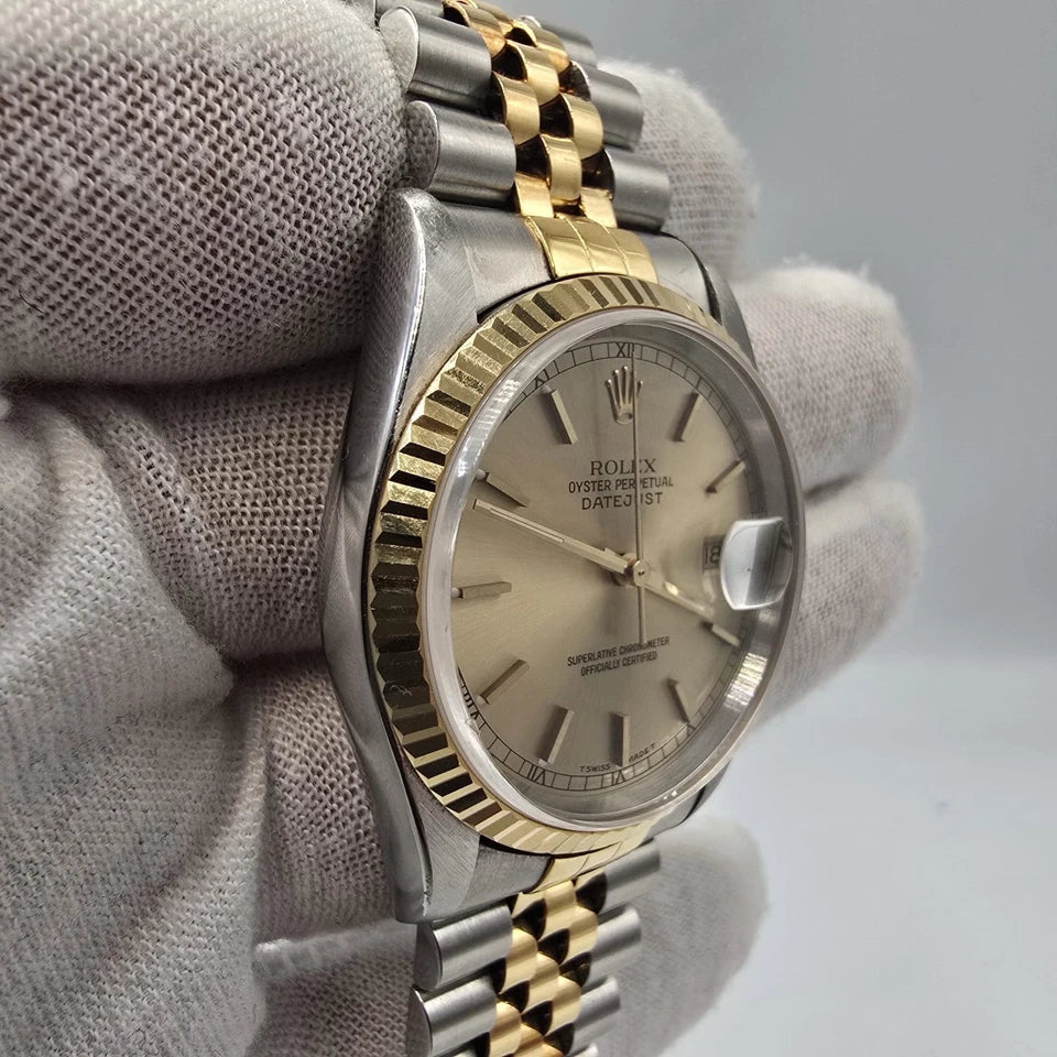 PAPERS Rolex DateJust 36mm NO-HOLES Champagne Two-Tone 18K Watch 16233 BOX