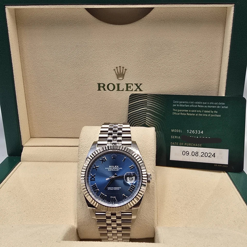 PAPERS 2024 Rolex Datejust 41mm 126334 Blue Jubilee Fluted White Gold Bezel BOX