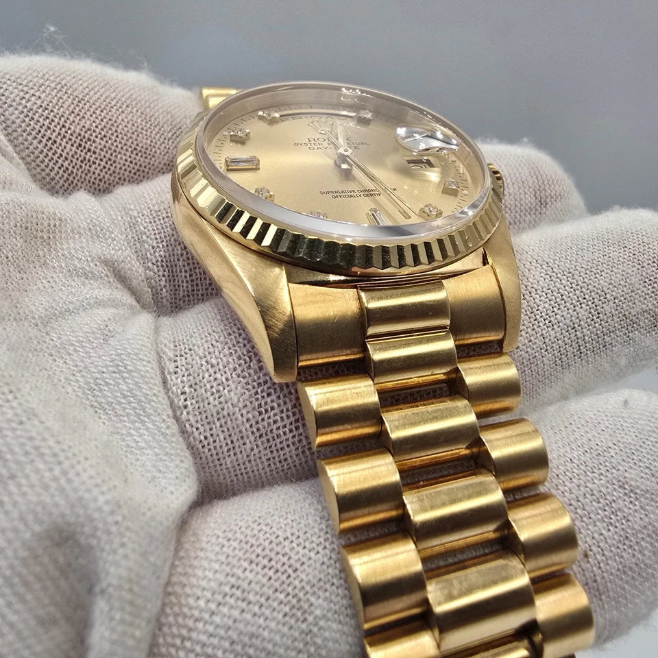 Rolex 18K Gold Day-Date President Gold Champagne Diamond Dial 36mm Watch 18238