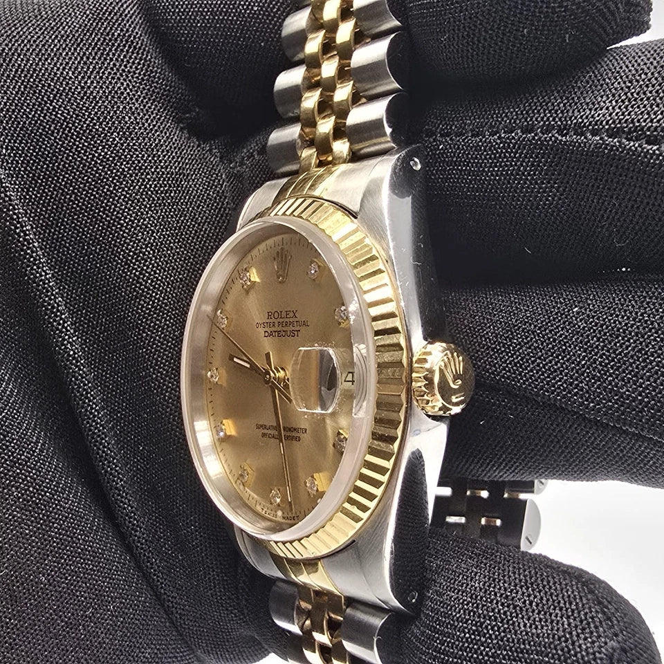 Rolex Datejust 36mm Champagne Diamond Dial 18K Yellow Gold Two Tone Watch 16233