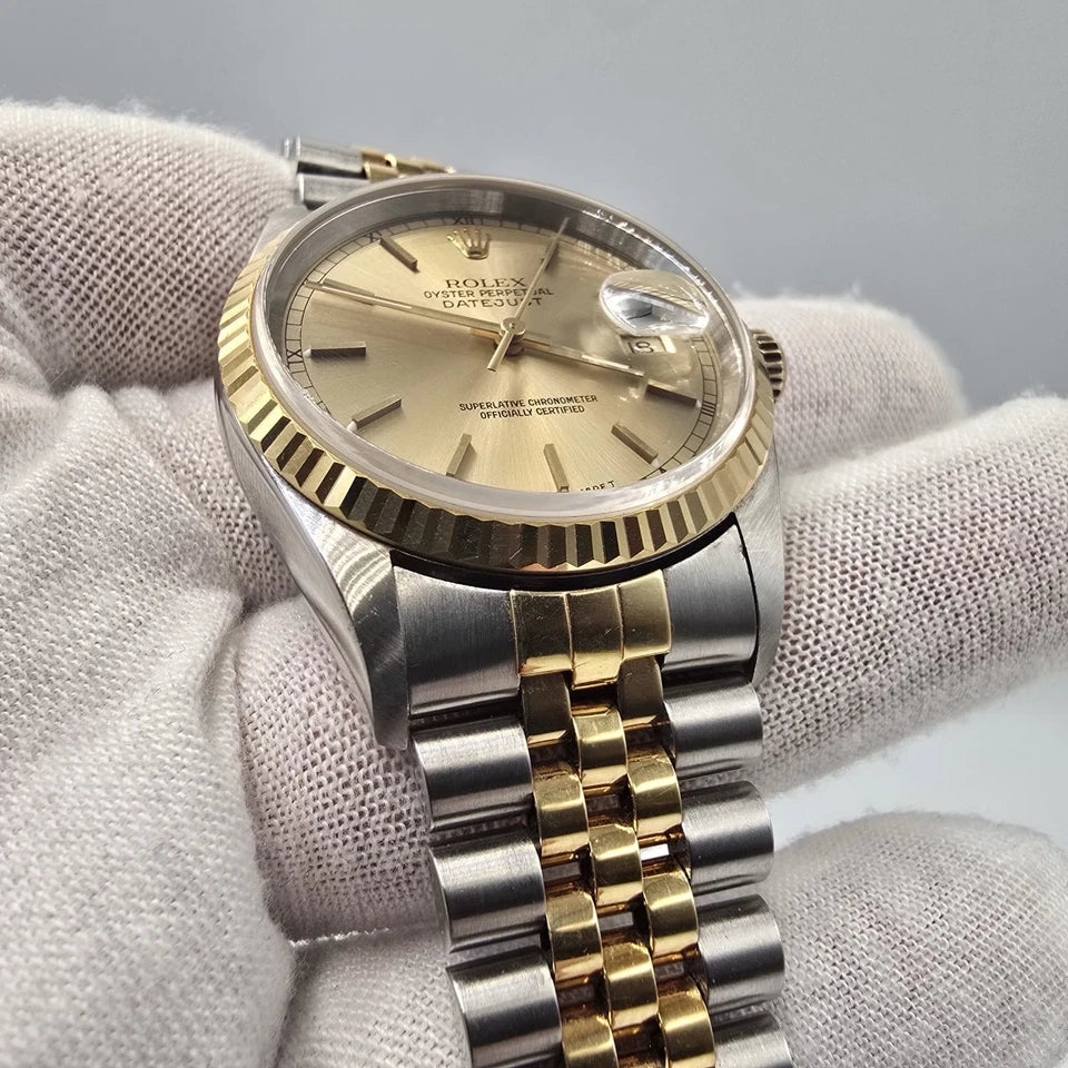 PAPERS Rolex DateJust 36mm NO-HOLES Champagne Two-Tone 18K Watch 16233 BOX