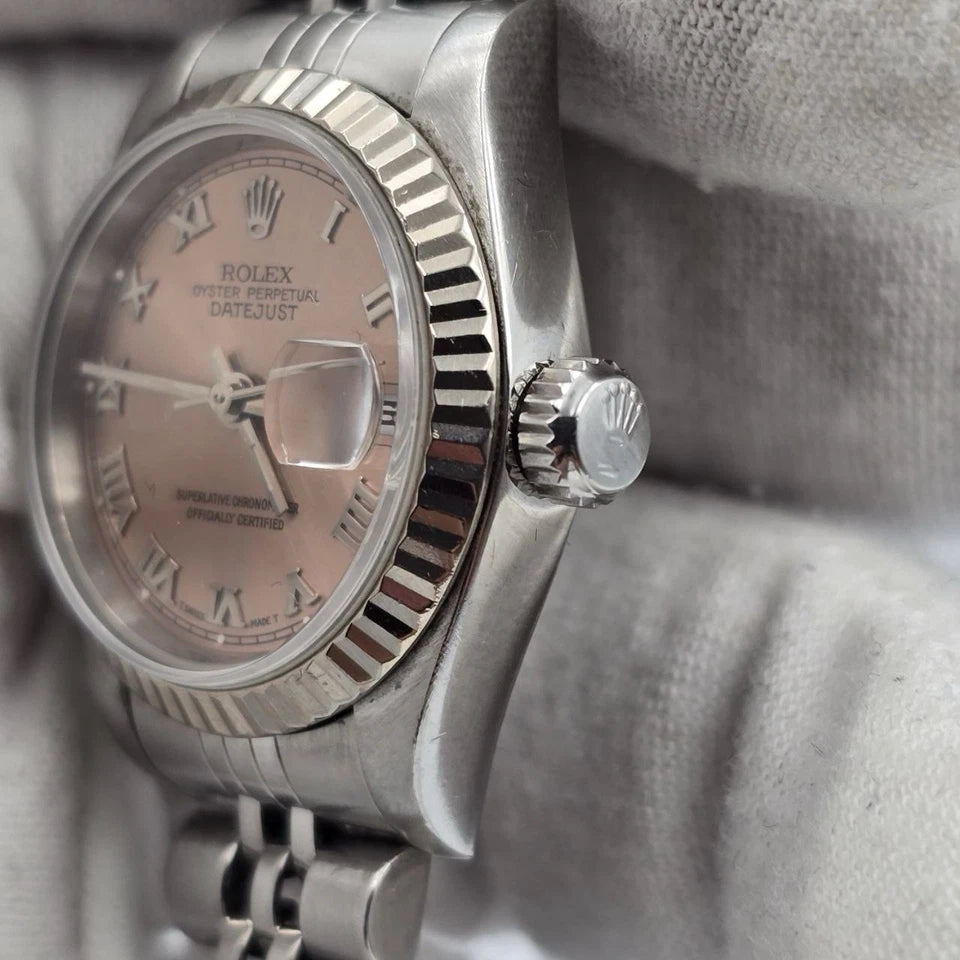 PAPERS Rolex Ladies Datejust 69174 26mm Pink Dial Steel 18K White Gold Bezel