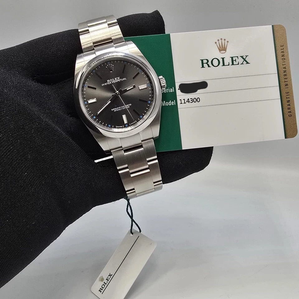 2018 PAPERS Rolex Oyster Perpetual 39mm Rhodium Steel Automatic Watch 114300