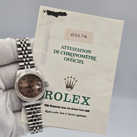 PAPERS Rolex Ladies Datejust 69174 26mm Pink Dial Steel 18K White Gold Bezel