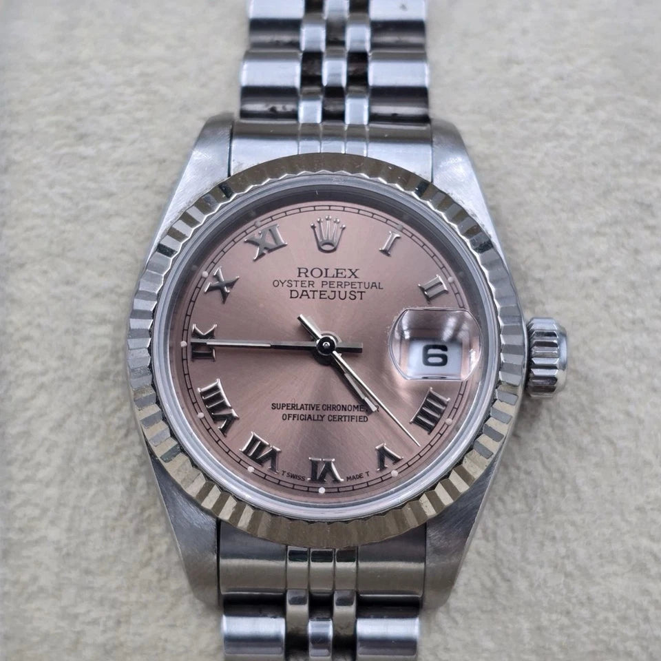 PAPERS Rolex Ladies Datejust 69174 26mm Pink Dial Steel 18K White Gold Bezel