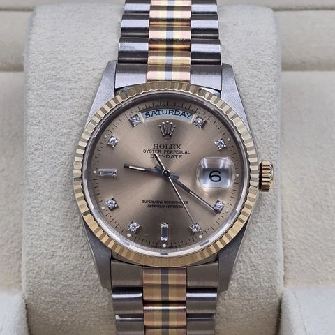Rolex 18K Day-Date President TRIDOR Champagne Diamond Dial 36mm Watch 18239BIC