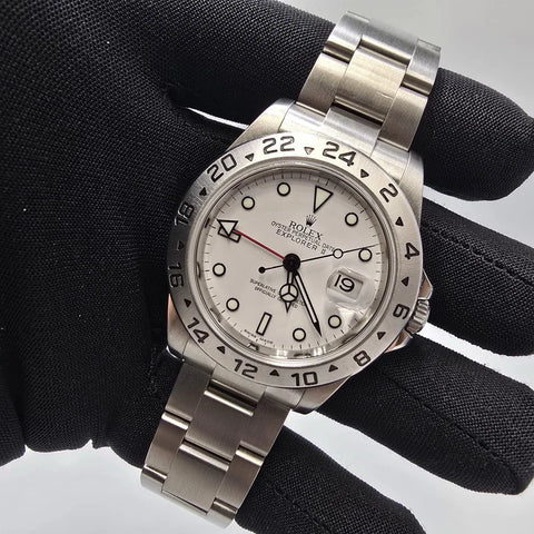 2007 Rolex Explorer II White 40mm Steel NO HOLES Oyster Date Watch 16570