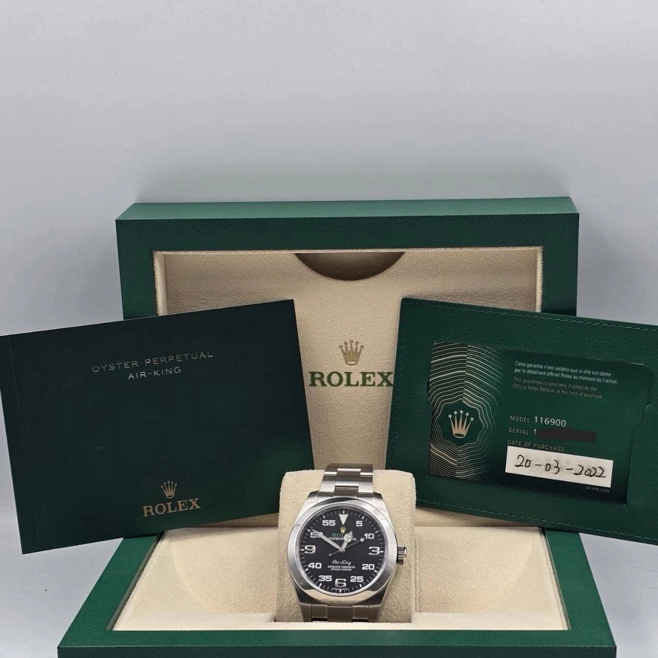 2022 PAPERS Rolex Air King 116900 Black Arabic Dial 40mm Steel Green Watch BOX