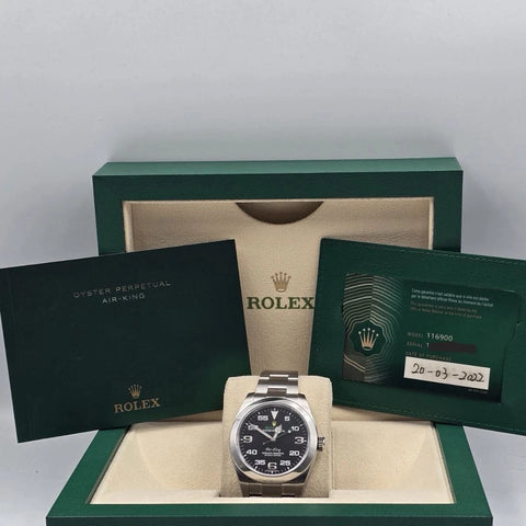 2022 PAPERS Rolex Air King 116900 Black Arabic Dial 40mm Steel Green Watch BOX