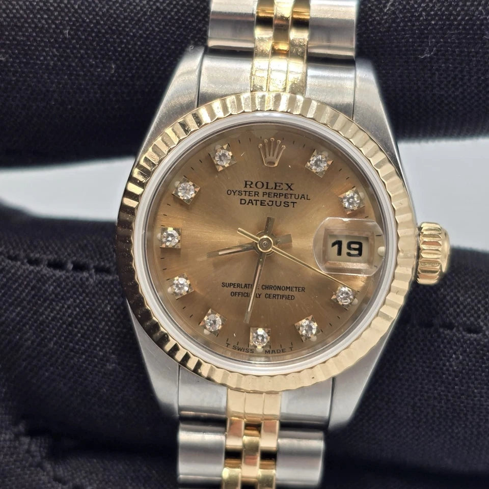 Rolex Datejust 26mm Champagne Diamond Dial Two Tone NO HOLES Jubilee Watch 69173