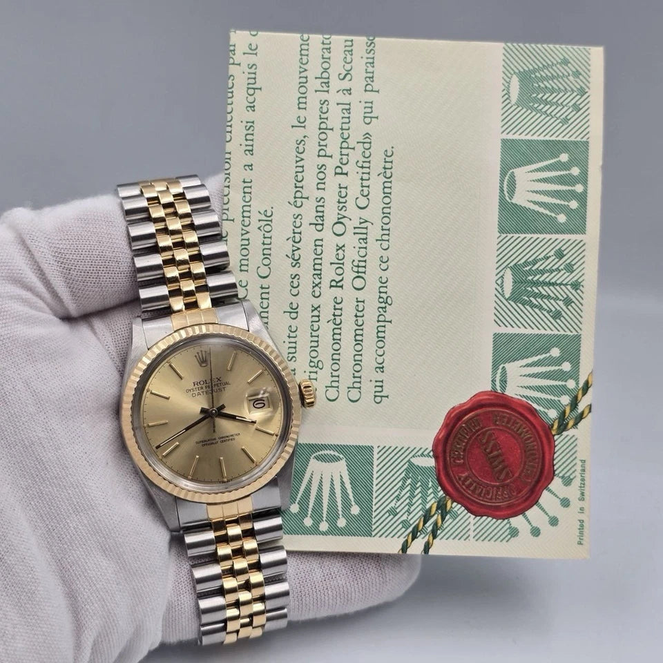 PAPERS Rolex Datejust Champagne Two-Tone Yellow Gold Jubilee 16013 36mm Watch