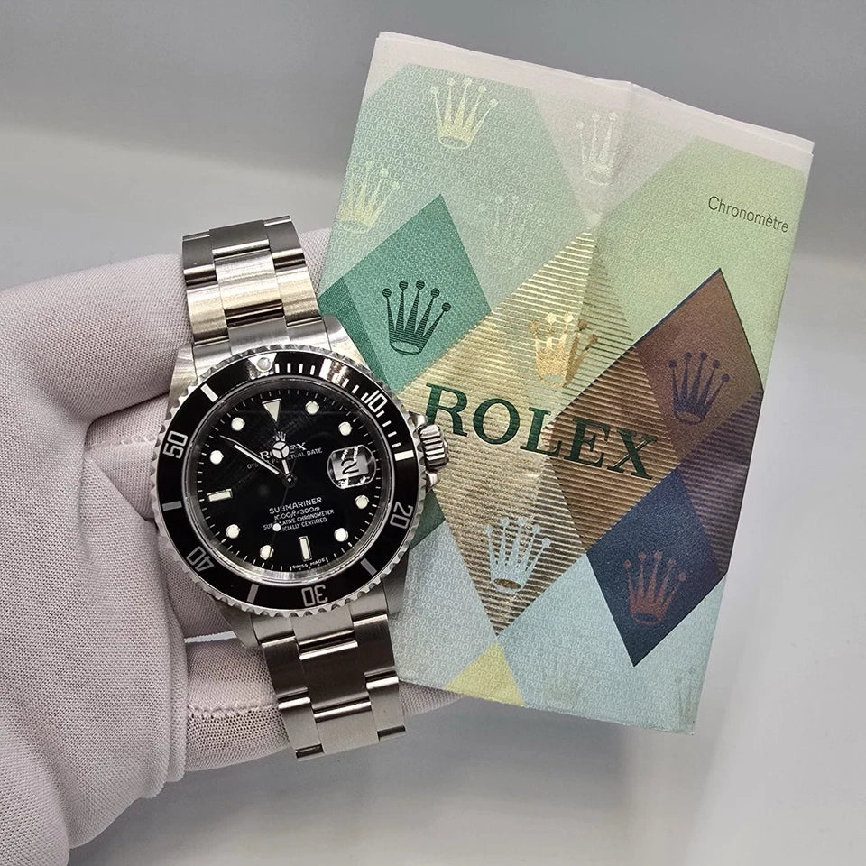 PAPERS 2006 Rolex Submariner Date Steel NO HOLES Black Dial 40mm Watch 16610
