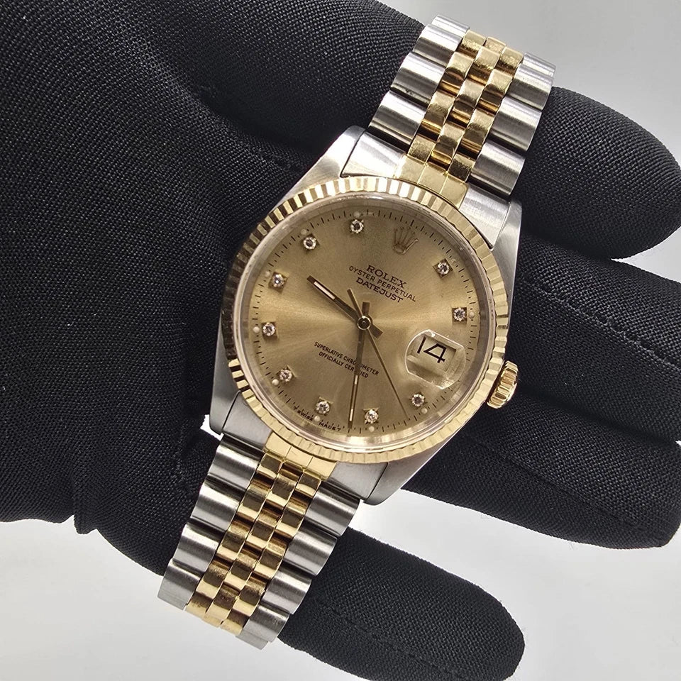 Rolex Datejust 36mm Champagne Diamond Dial 18K Yellow Gold Two Tone Watch 16233