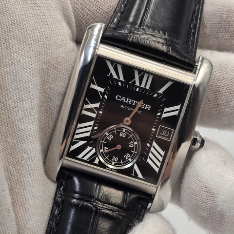 Cartier Tank MC 3589 W5330004 Stainless Black Dial Automatic Men's Watch 34mm